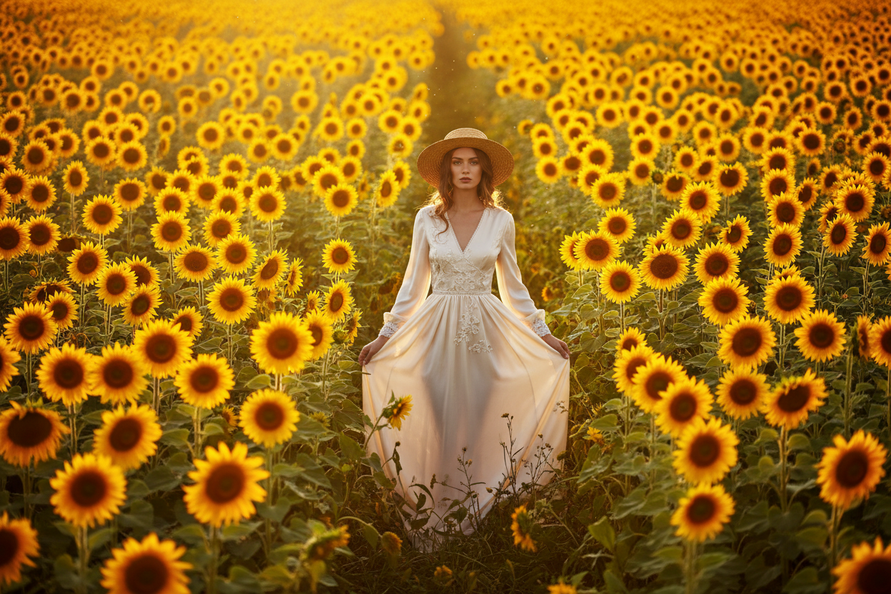 model in field of sunflowers